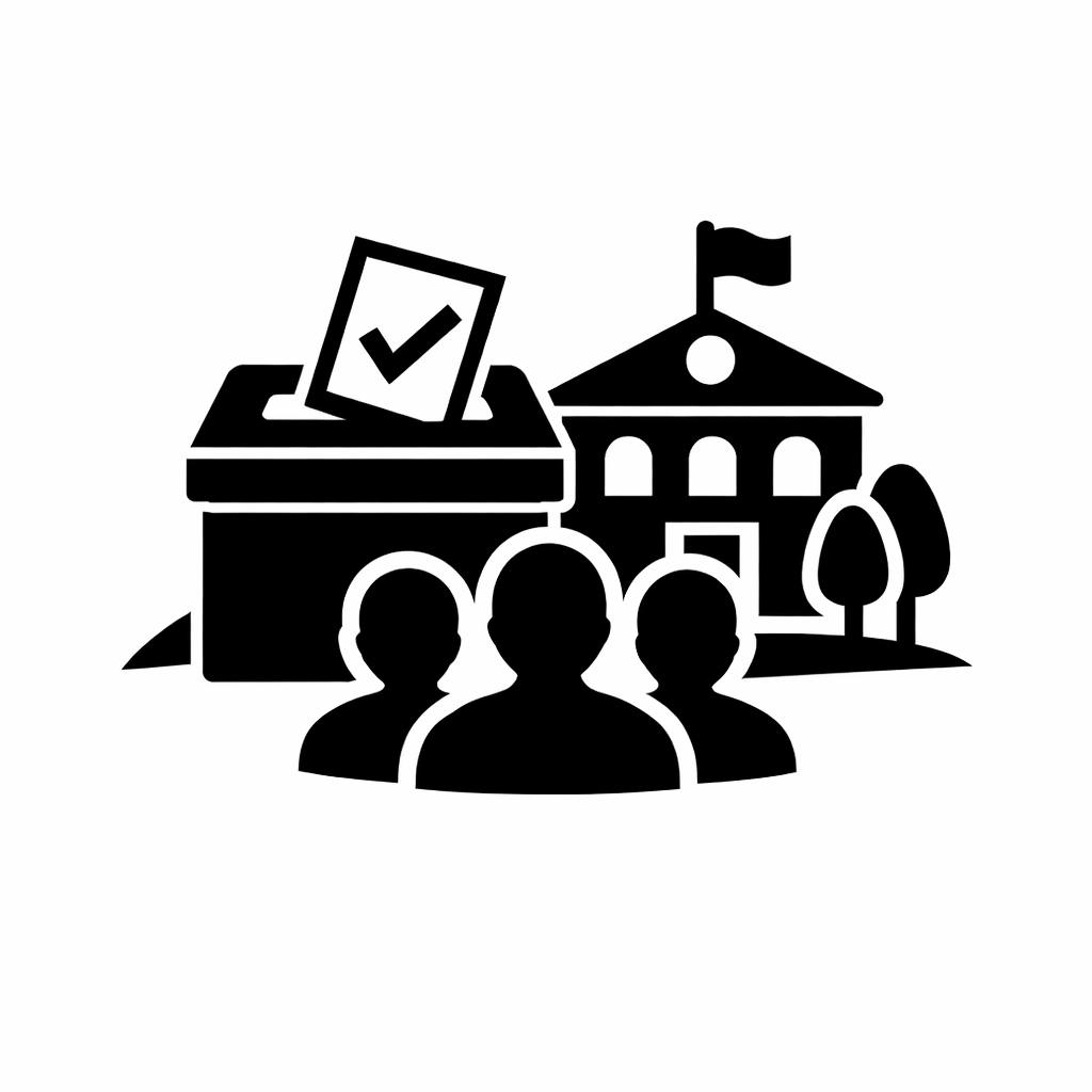Illustration en noir et blanc montrant une urne de vote, un bâtiment municipal avec un drapeau, et des silhouettes de citoyens devant.