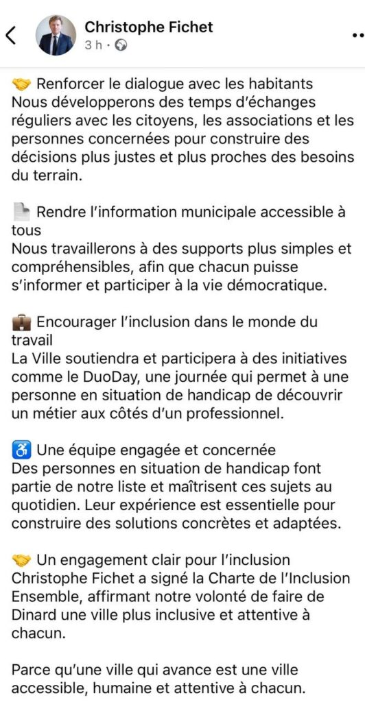 Engagements de différents candidats en faveur de l'accessibilité et de l'inclusion dans leur commune.